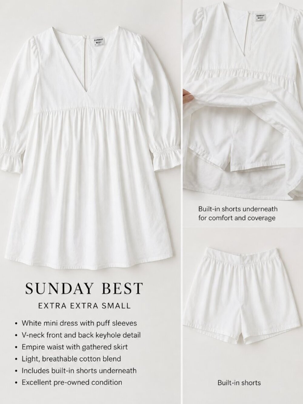 Sunday Best White Babydoll Mini Dress XXS BuiltIn Shorts Puff Sleeve Cottagecore